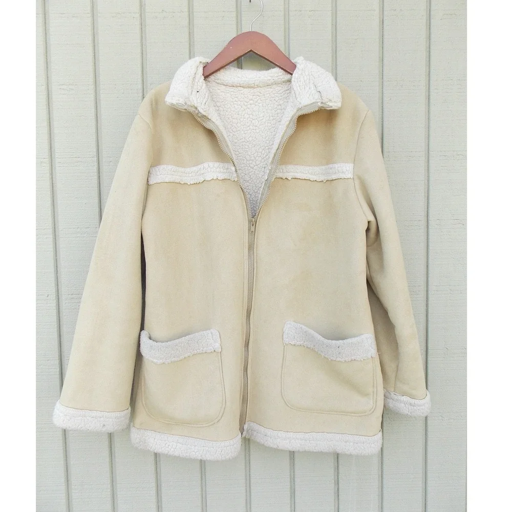 Unbranded Shearling Coat Faux Suede Sherpa Lined Jacket Womens Large Tan Beige